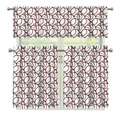 Baseballs Pattern Print 3 Piece Kitchen Curtains