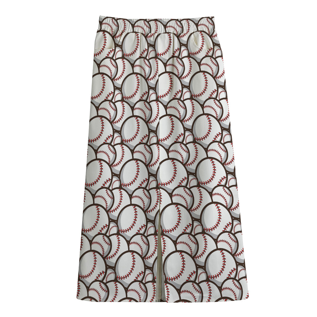 Baseballs Pattern Print Cotton Front Slit Maxi Skirt