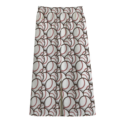 Baseballs Pattern Print Cotton Front Slit Maxi Skirt