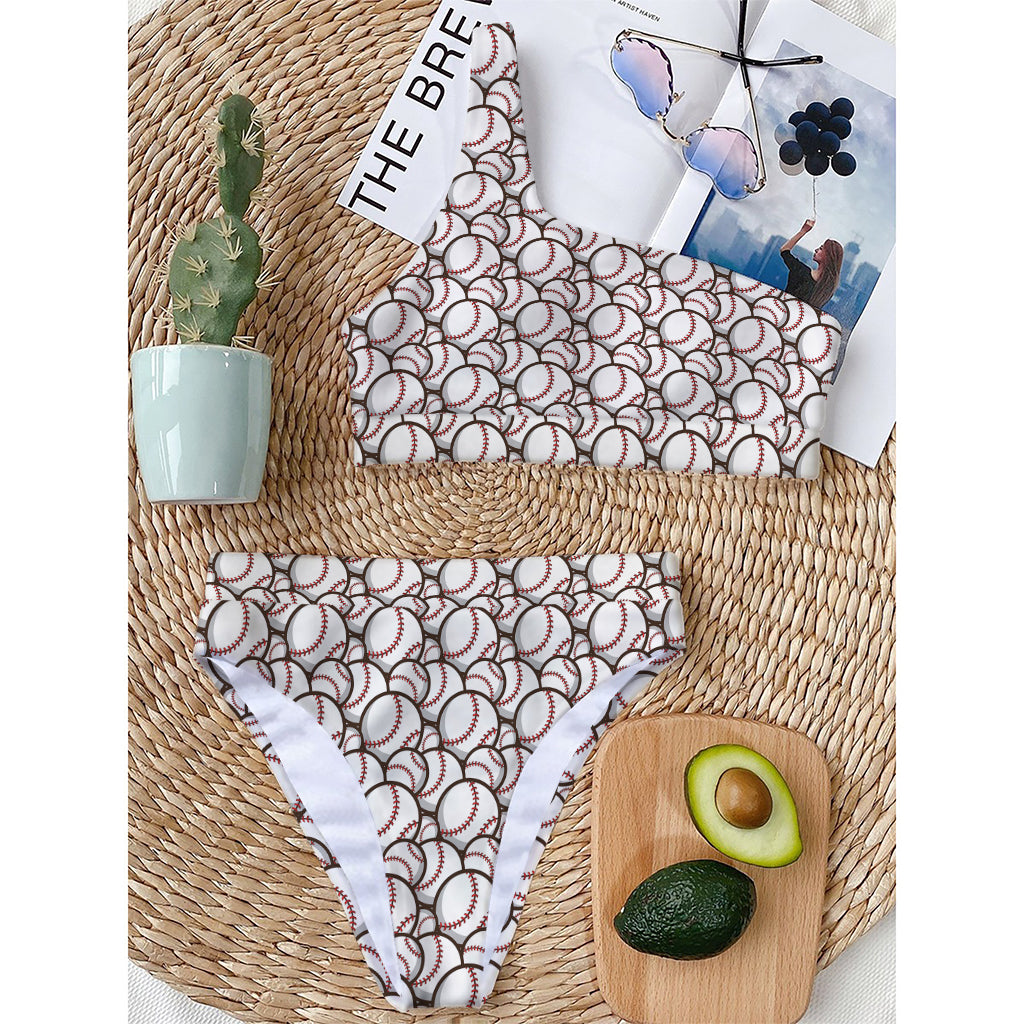 Baseballs Pattern Print One Shoulder Bikini Top