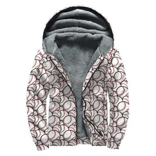 Baseballs Pattern Print Sherpa Lined Zip Up Hoodie