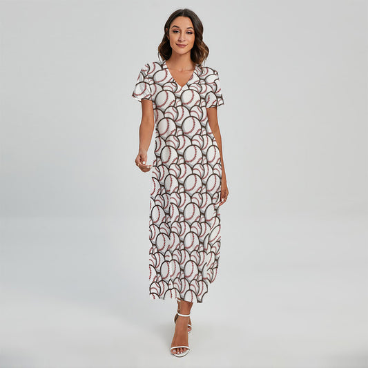 Baseballs Pattern Print Short Sleeve Maxi Dress