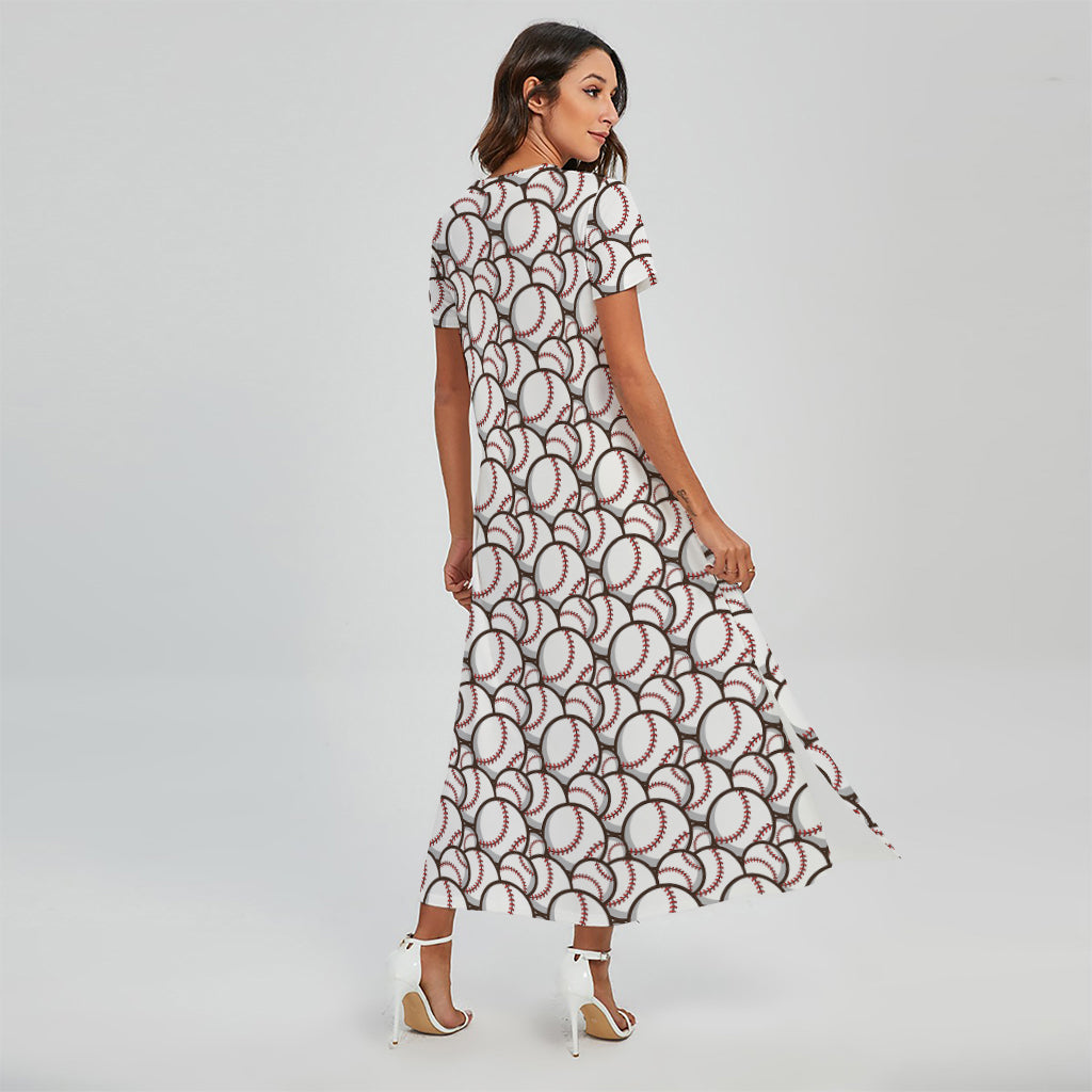 Baseballs Pattern Print Short Sleeve Maxi Dress
