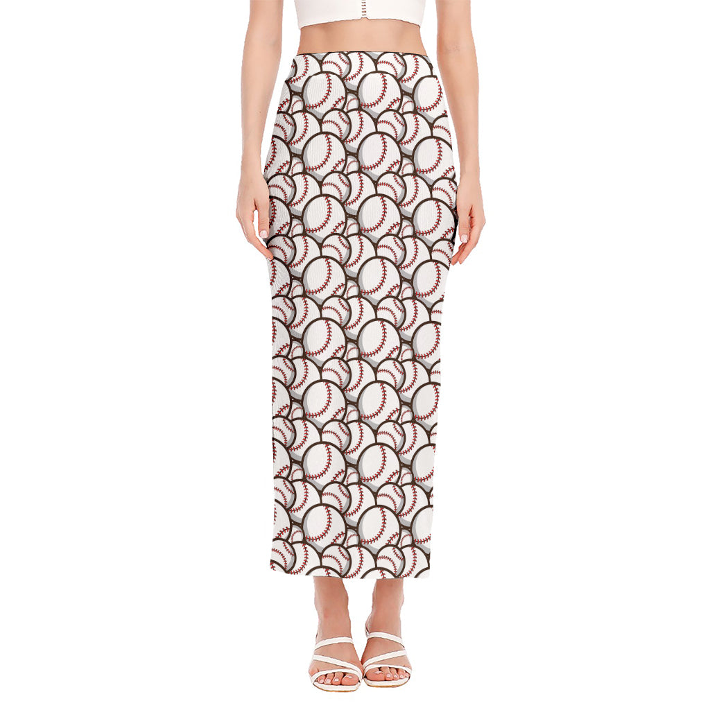 Baseballs Pattern Print Side Slit Maxi Skirt