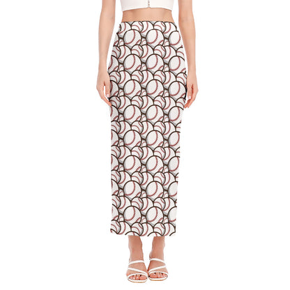 Baseballs Pattern Print Side Slit Maxi Skirt