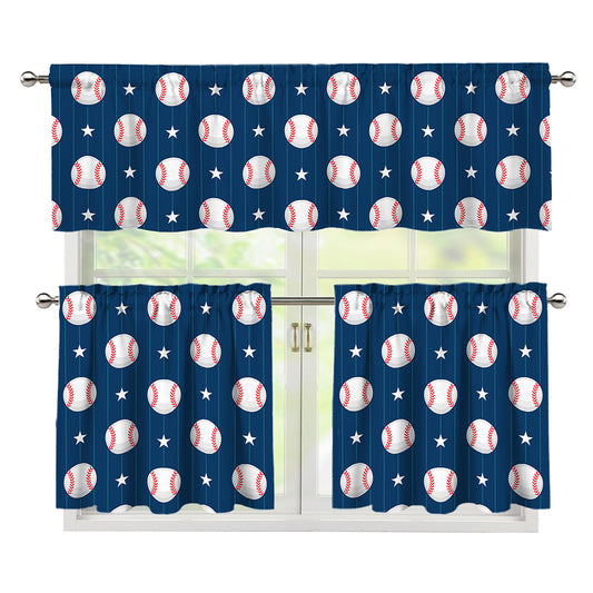 Baseballs Star Pattern Print 3 Piece Kitchen Curtains
