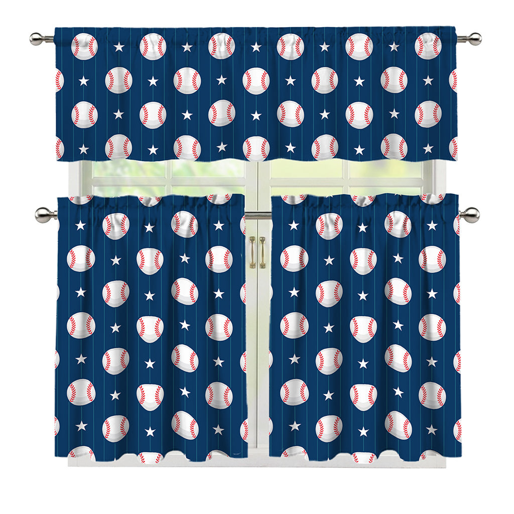 Baseballs Star Pattern Print 3 Piece Kitchen Curtains
