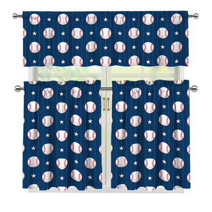 Baseballs Star Pattern Print 3 Piece Kitchen Curtains