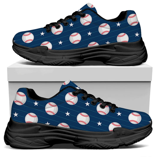 Baseballs Star Pattern Print Black Chunky Shoes