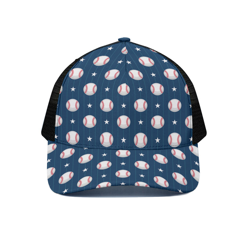 Baseballs Star Pattern Print Black Mesh Trucker Cap
