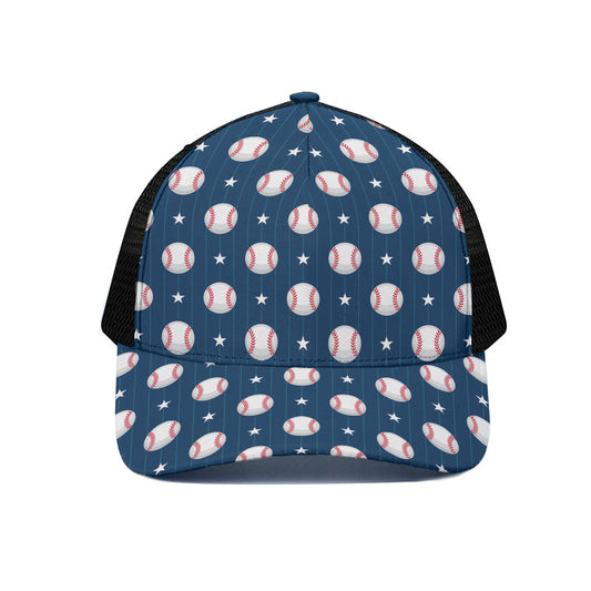 Baseballs Star Pattern Print Black Mesh Trucker Cap