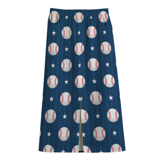 Baseballs Star Pattern Print Cotton Front Slit Maxi Skirt