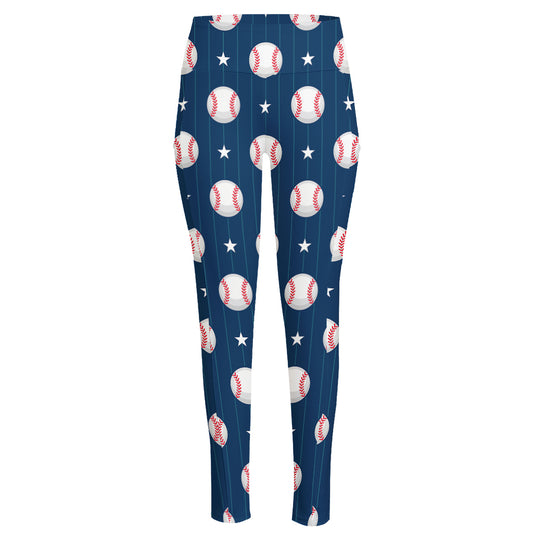 Baseballs Star Pattern Print High-Waisted Pocket Leggings