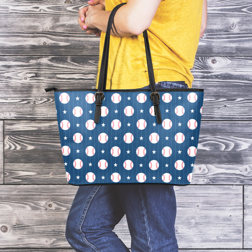 Baseballs Star Pattern Print Leather Tote Bag