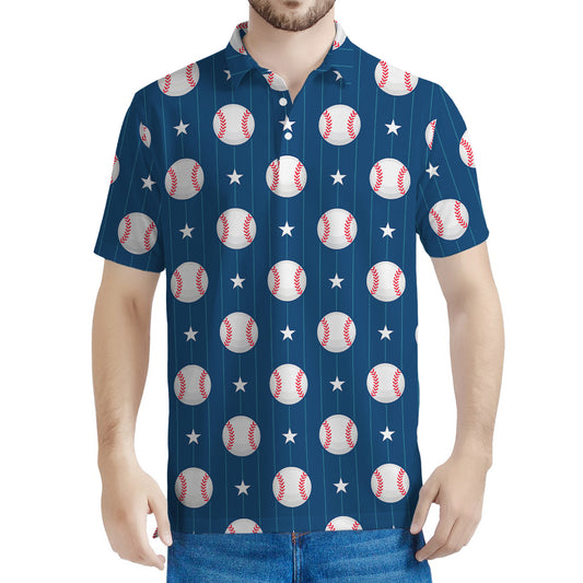 Baseballs Star Pattern Print Men's Polo Shirt