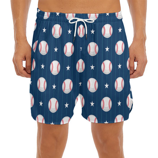 Baseballs Star Pattern Print Men's Split Running Shorts