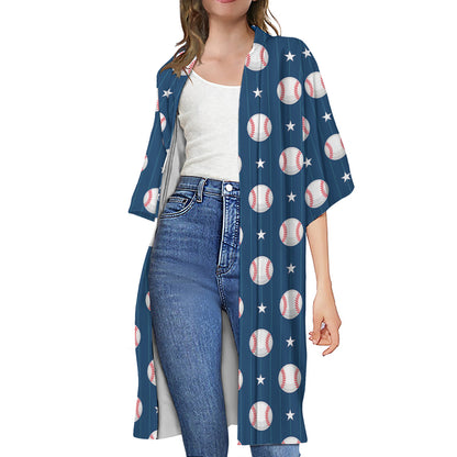 Baseballs Star Pattern Print Open Front Beach Cover Up