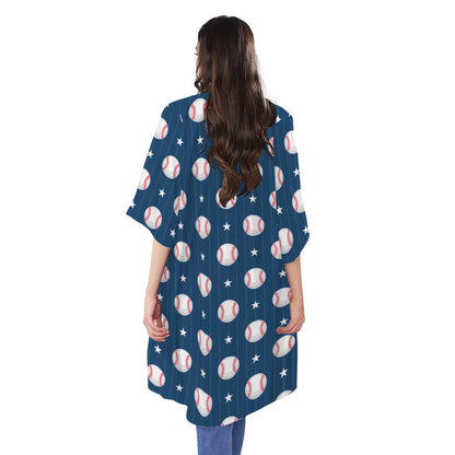 Baseballs Star Pattern Print Open Front Beach Cover Up