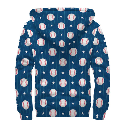 Baseballs Star Pattern Print Sherpa Lined Zip Up Hoodie
