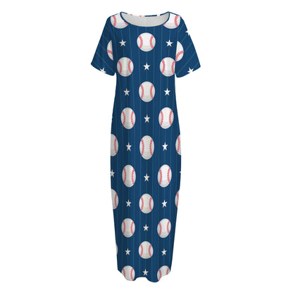 Baseballs Star Pattern Print Short Sleeve Long Nightdress