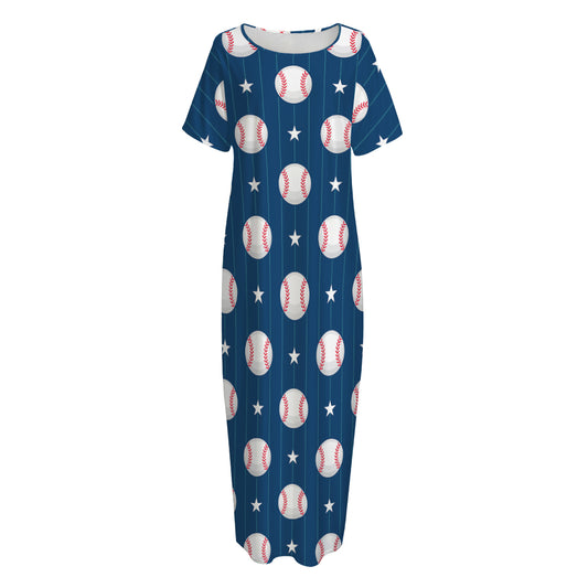 Baseballs Star Pattern Print Short Sleeve Long Nightdress