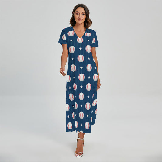 Baseballs Star Pattern Print Short Sleeve Maxi Dress