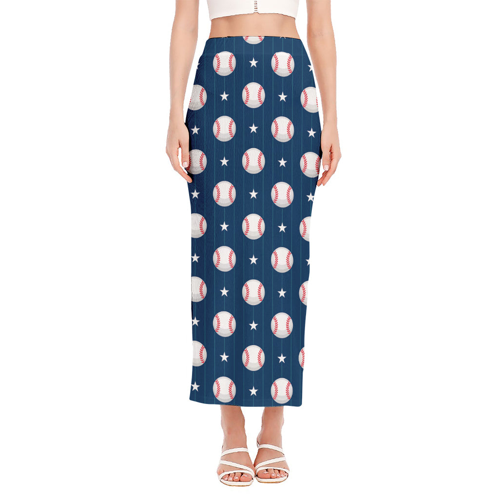 Baseballs Star Pattern Print Side Slit Maxi Skirt