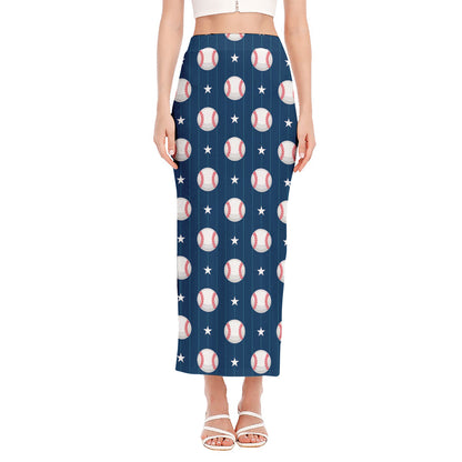 Baseballs Star Pattern Print Side Slit Maxi Skirt