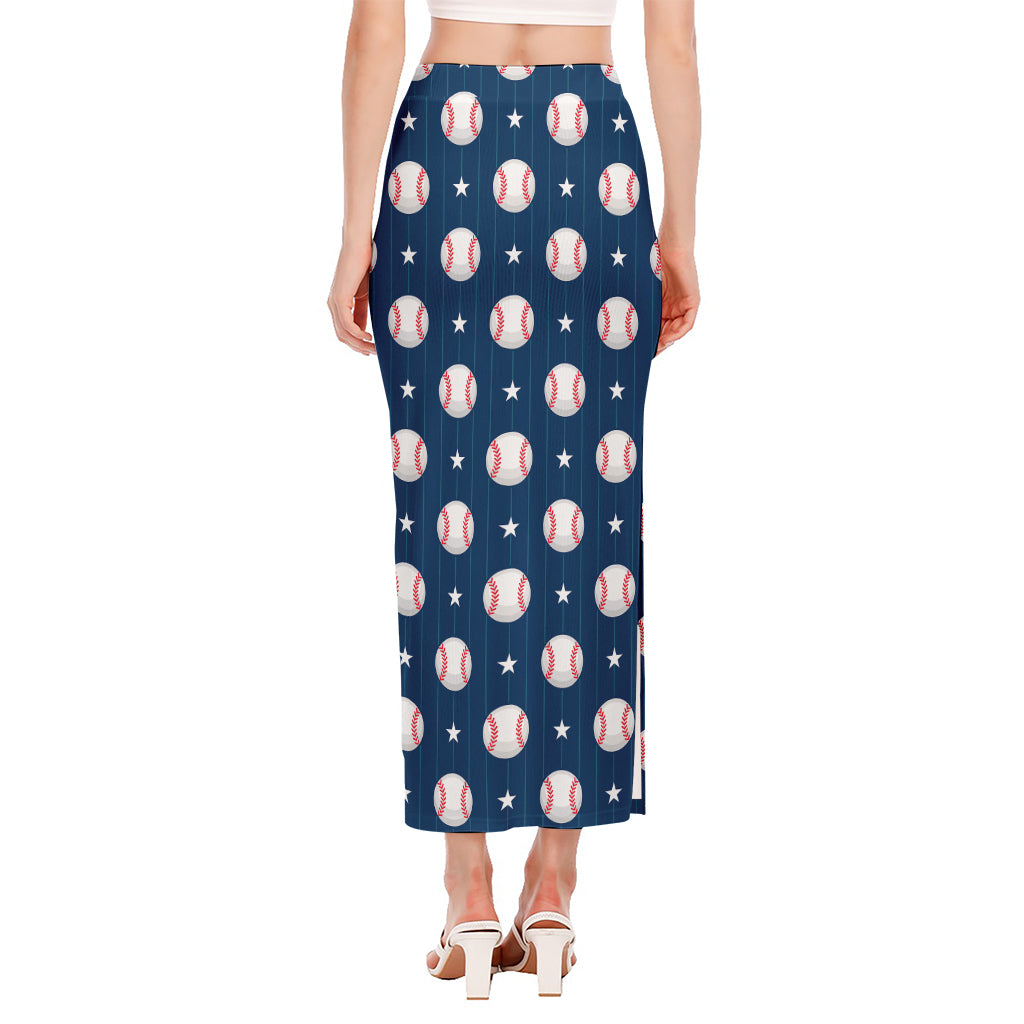 Baseballs Star Pattern Print Side Slit Maxi Skirt
