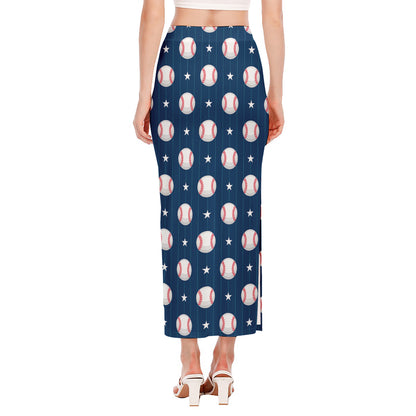 Baseballs Star Pattern Print Side Slit Maxi Skirt