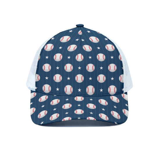 Baseballs Star Pattern Print White Mesh Trucker Cap