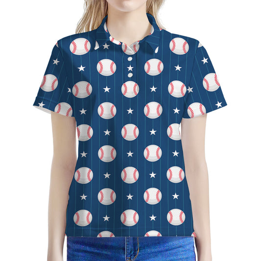 Baseballs Star Pattern Print Women's Polo Shirt