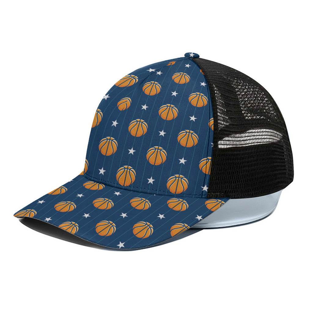 Basketball And Star Pattern Print Black Mesh Trucker Cap