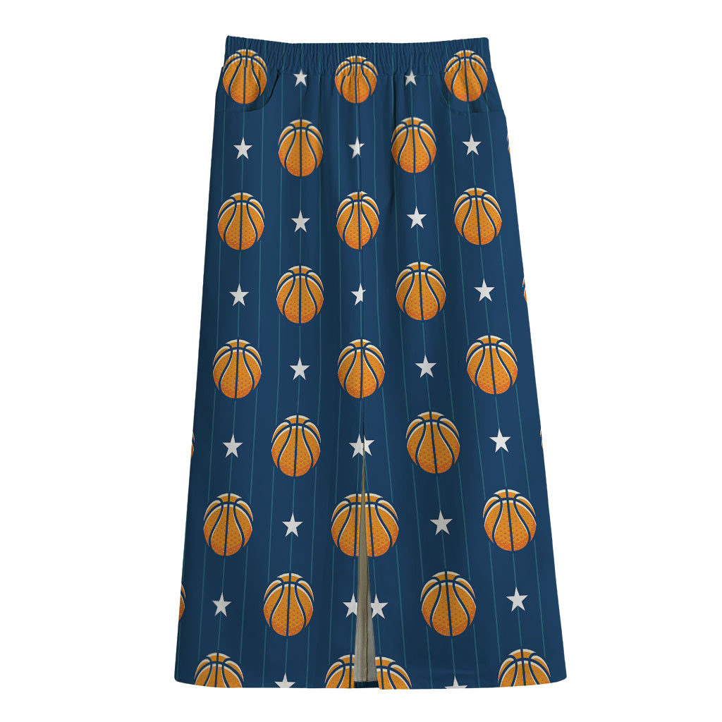 Basketball And Star Pattern Print Cotton Front Slit Maxi Skirt