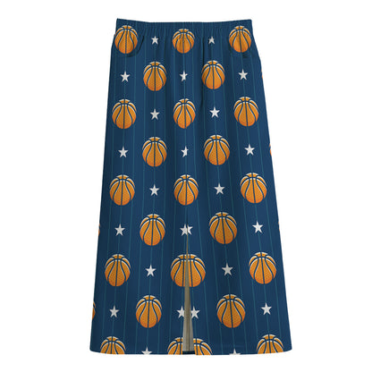 Basketball And Star Pattern Print Cotton Front Slit Maxi Skirt