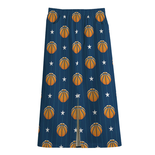 Basketball And Star Pattern Print Cotton Front Slit Maxi Skirt