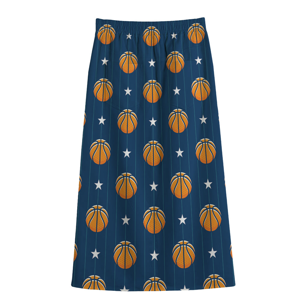 Basketball And Star Pattern Print Cotton Front Slit Maxi Skirt