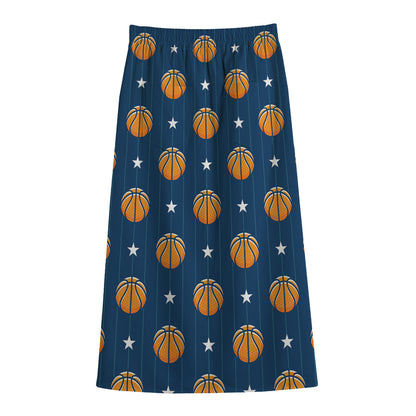 Basketball And Star Pattern Print Cotton Front Slit Maxi Skirt