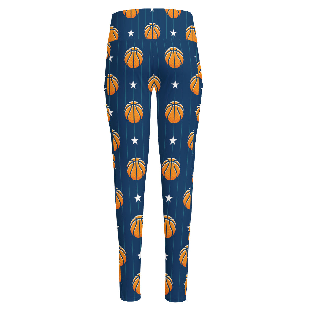 Basketball And Star Pattern Print High-Waisted Pocket Leggings