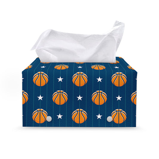 Basketball And Star Pattern Print Leather Tissue Box Cover