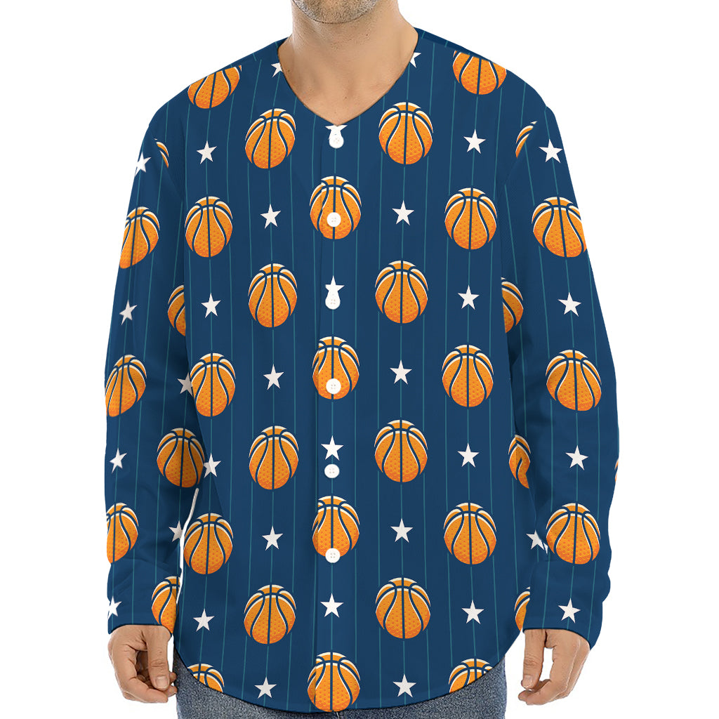 Basketball And Star Pattern Print Long Sleeve Baseball Jersey