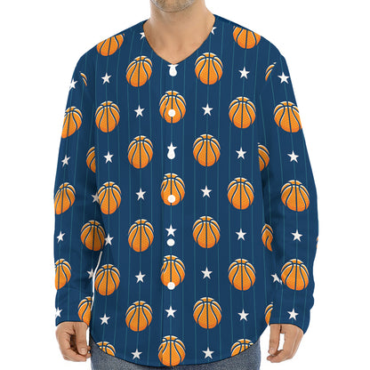Basketball And Star Pattern Print Long Sleeve Baseball Jersey