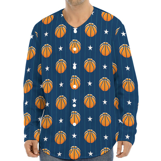 Basketball And Star Pattern Print Long Sleeve Baseball Jersey