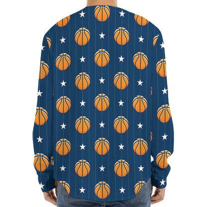 Basketball And Star Pattern Print Long Sleeve Baseball Jersey