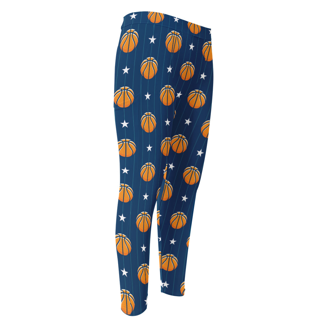Basketball And Star Pattern Print Men's Compression Pants