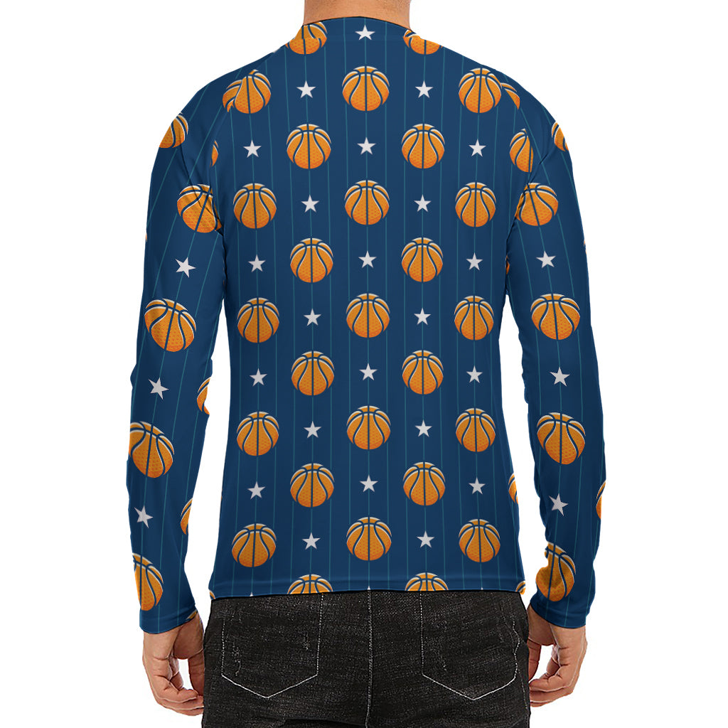 Basketball And Star Pattern Print Men's Long Sleeve Rash Guard