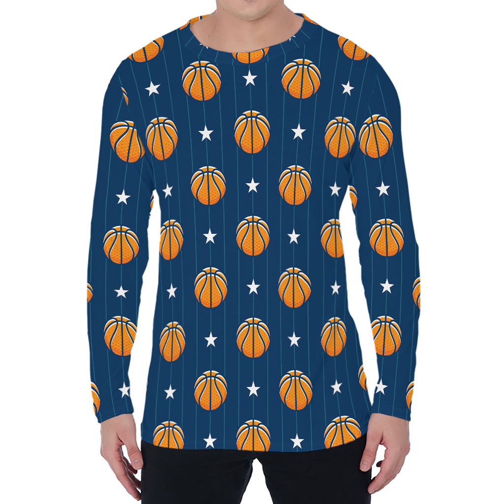 Basketball And Star Pattern Print Men's Long Sleeve T-Shirt