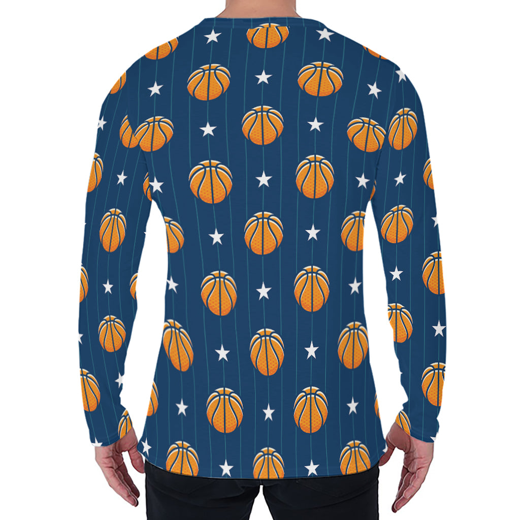 Basketball And Star Pattern Print Men's Long Sleeve T-Shirt