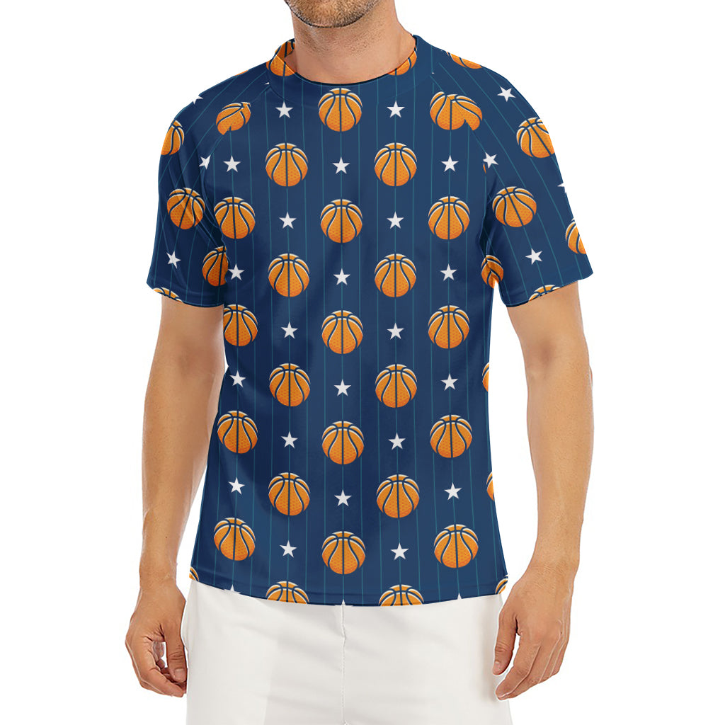 Basketball And Star Pattern Print Men's Short Sleeve Rash Guard