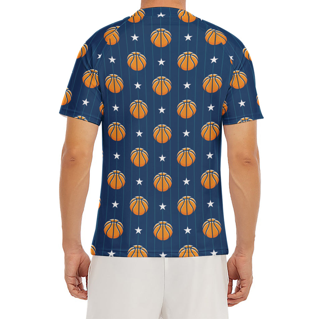 Basketball And Star Pattern Print Men's Short Sleeve Rash Guard